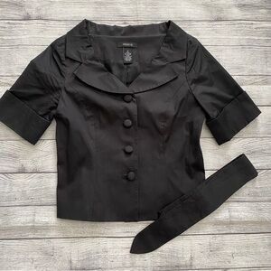 Arden B Black Short Sleeve Button Front Jacket with Belt Round Collar Medium